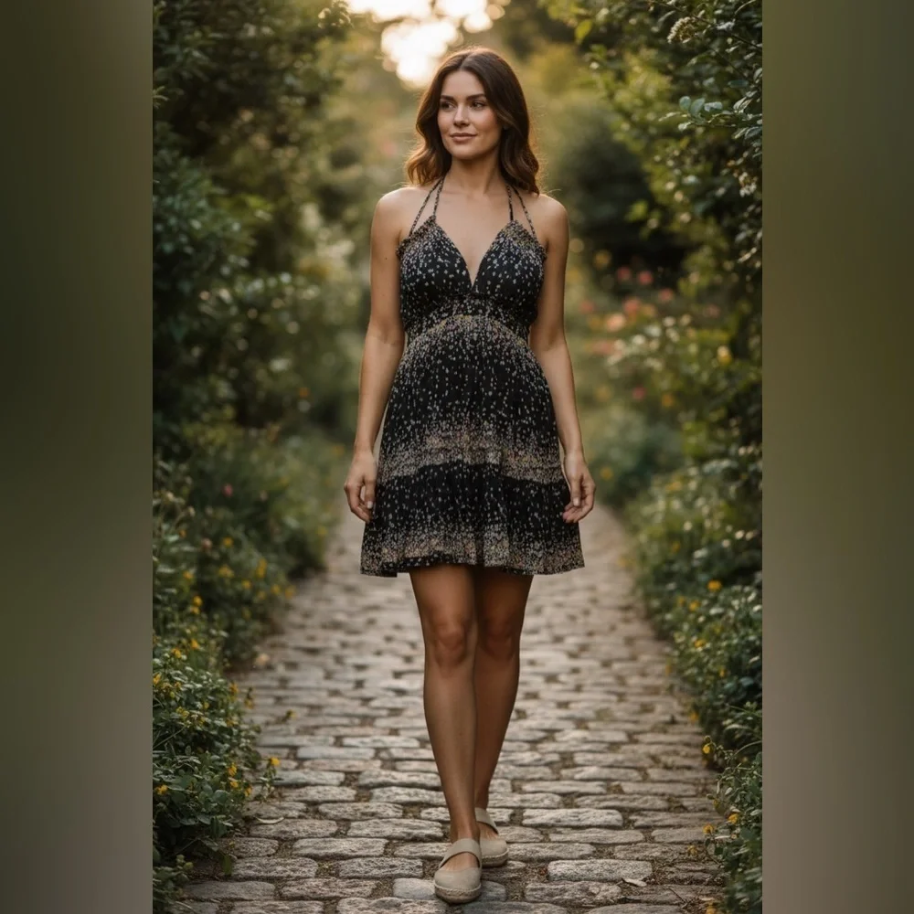 Free People 100 Degree floral print flowy tunic dress in black. Size Small
